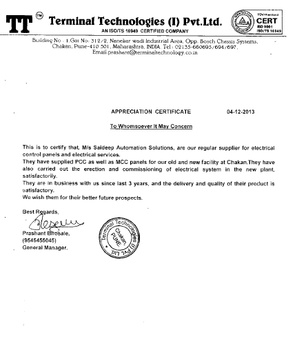 Appreciation letter from Terminal Technologies